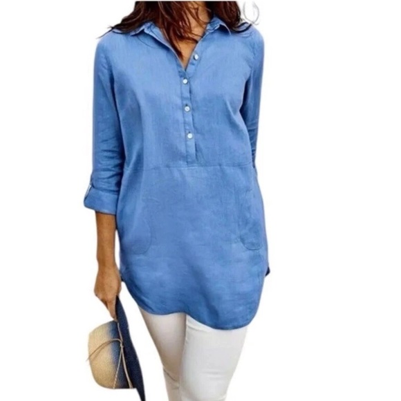 J. Jill Tops - J Jill Love Linen Sz S Petite Blue Half Button Tunic With Side Pockets Roll Tab